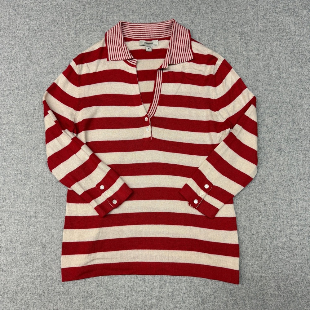 Faconnable | Silk Cashmere Striped Polo Sweater | M | Red Cream | Button Cuffs